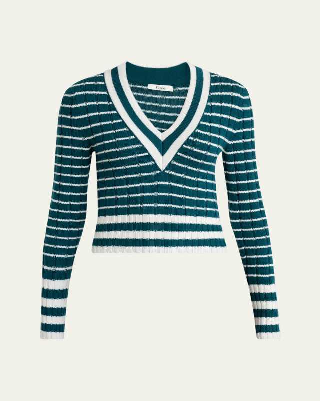 V-Neck Striped Merino Knit Sweater